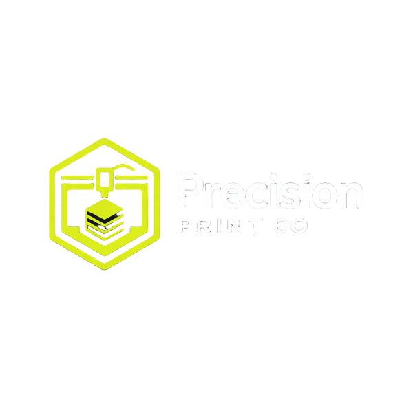 Logo of Precision Print Co with a yellow hexagonal design on a black background